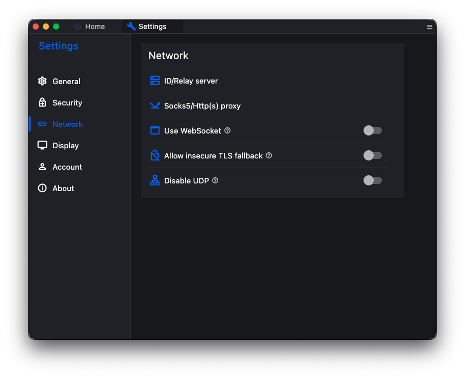 RustDesk settings with the Network tab selected. The first entry is ID/Relay server.